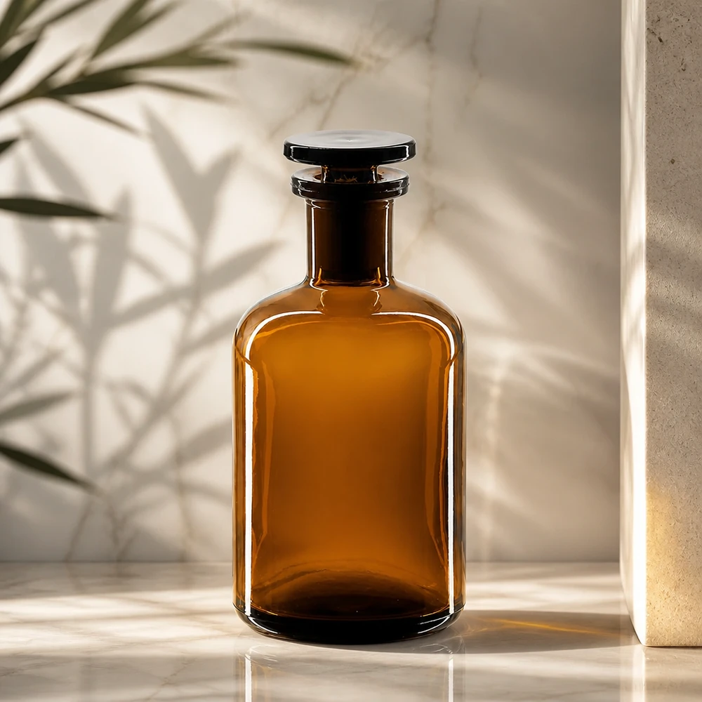 Szklana butelka w kolorze bursztynowym, 100 ml, z wąską szyjką i korkiem, z ochroną przed promieniowaniem UV dla substancji wrażliwych na światło