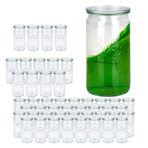 Zestaw 48 słoików Weck 340 ml słoiki cylindryczne z 48 szklanymi pokrywkami Zestaw 48 słoików Weck 340 ml słoiki cylindryczne z 48 szklanymi pokrywkami