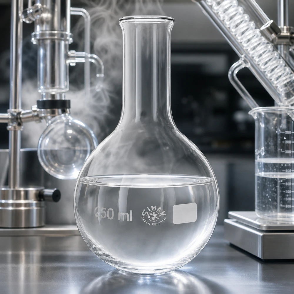 Kolba stojąca 250 ml z wąską szyjką Pusta szklana kolba 250 ml z wąską szyjką i logo Simax do profesjonalnych prac laboratoryjnych