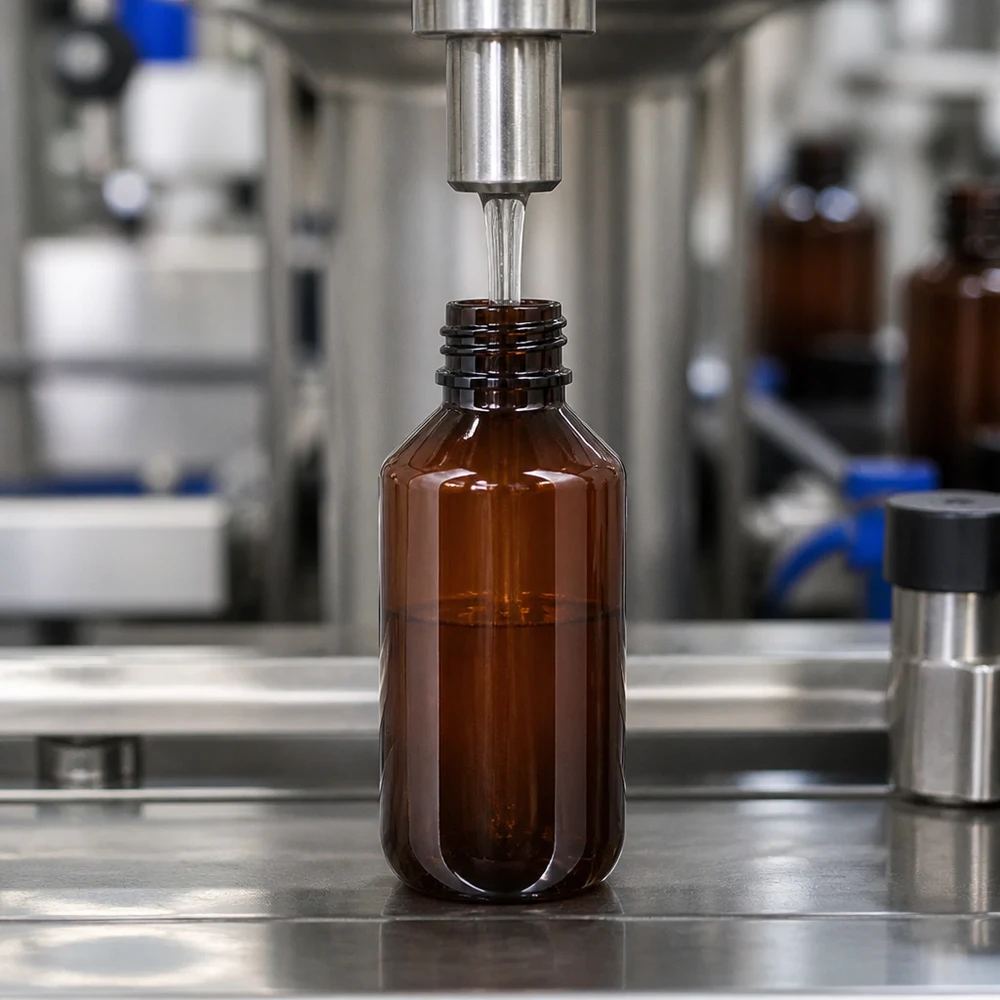 Automatyczna linia rozlewnicza napełnia bursztynową butelkę PET o pojemności 200 ml z czarnym zakrętkiem