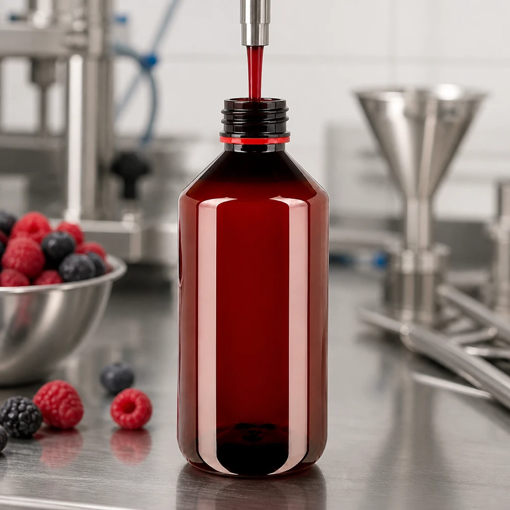 Butelka PET 750 ml z białą/czerwoną nakrętką OV Brązowa butelka PET o pojemności 750 ml z oryginalnym czerwonym zamknięciem jest napełniana sokiem jagodowym
