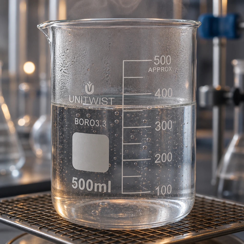 Zlewka 500 ml borokrzemianowa, niski kształt UNiTWIST Przezroczysta zlewka laboratoryjna o pojemności 500 ml, model UNiTWIST BORO3.3, umieszczona na podstawce z siatki drucianej i napełniona wodą