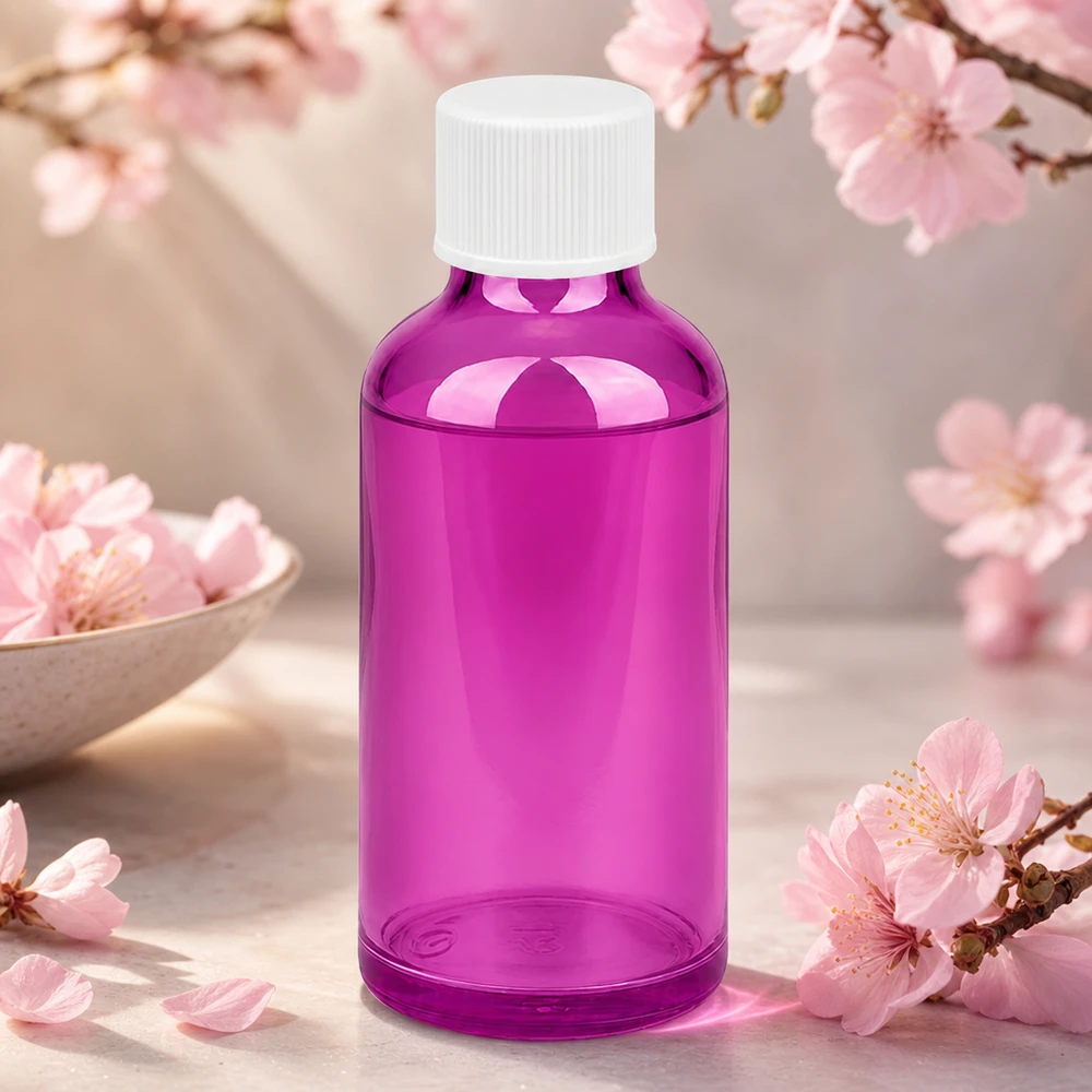 Butelka 50 ml z zakrętką 11 mm, biała, standardowa PurpleLine UT18/50 Elegancka butelka o pojemności 50 ml w kolorze przezroczystego fioletu z białą zakrętką na wysokiej jakości produkty kosmetyczne