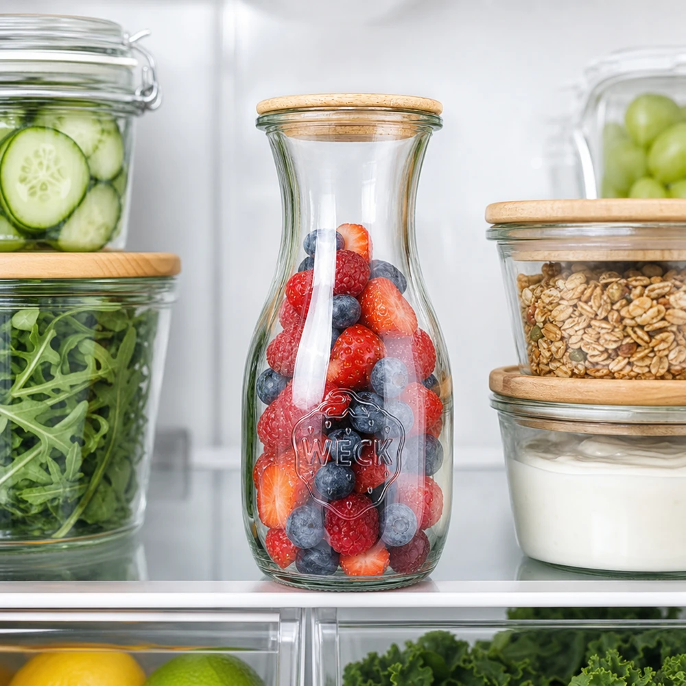 Butelka na sok 530 ml WECK RR60 z drewnianą pokrywką Butelka na sok WECK 530ml RR60 z jagodami w lodówce obok słoików z ogórkiem, sałatką i orzechami