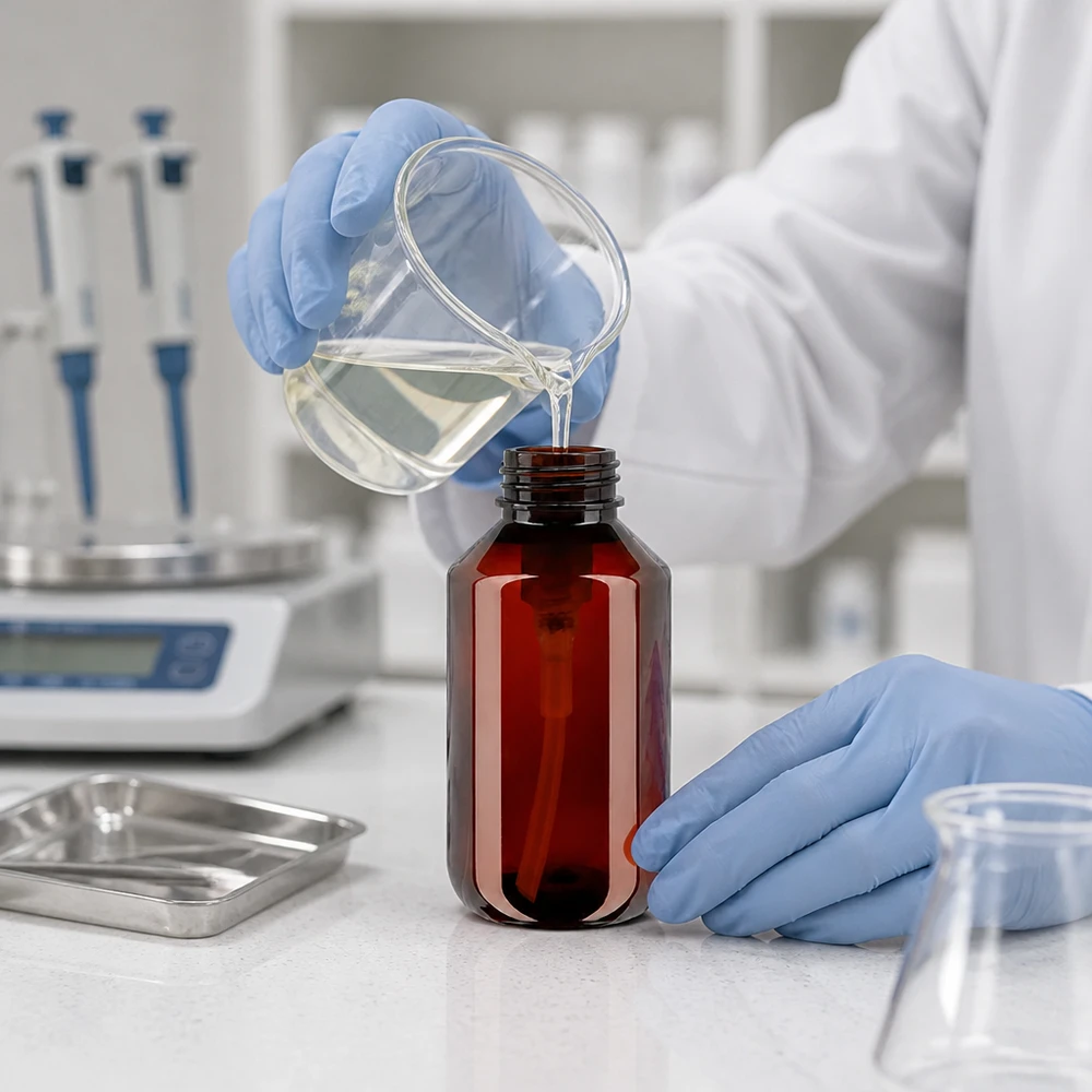 Braune PET Kunststoffflasche 100ml mit weisser Dosierpumpe im professionellen Einsatz