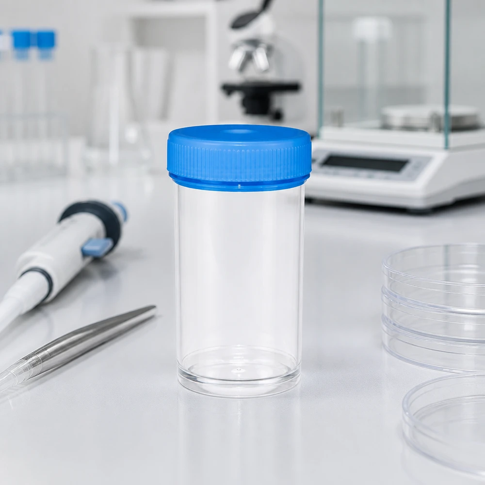 Uniwersalny plastikowy słoik (naczynie) 50 ml Pusta, sterylna butelka z szeroką szyjką o pojemności 50 ml z niebieską zakrętką w laboratorium medycznym