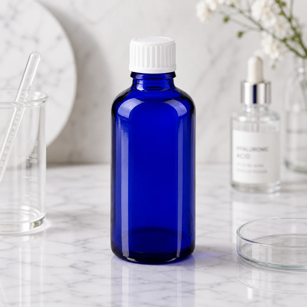 Butelka apteczna niebieska 50ml zakrętka białe kuleczki St Butelka apteczna o pojemności 50 ml w kolorze kobaltowym z białym standardowym zamknięciem i ściankami o grubości 3 mm