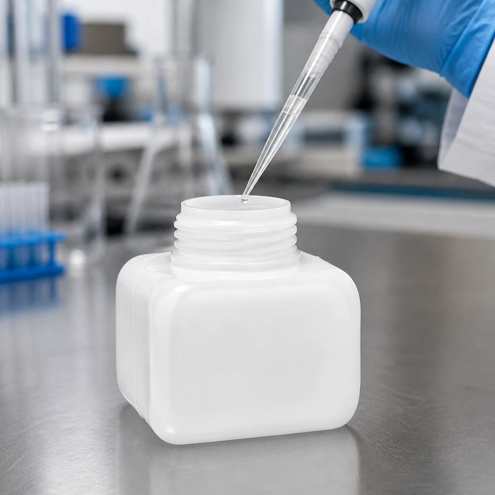 Płaska pipeta laboratoryjna z szeroką szyjką, 250 ml, z polietylenu o wysokiej gęstości (PE-HD), w kolorze naturalnym, napełniona, na stalowym stole
