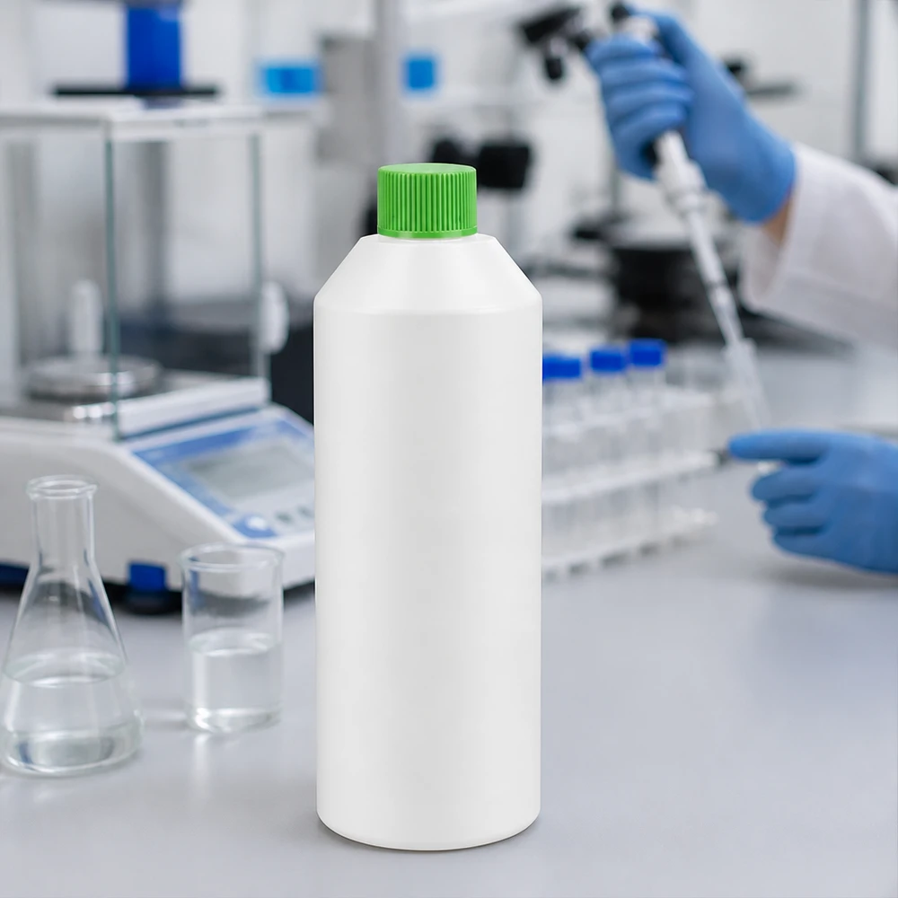 Butelka apteczna HDPE 250ml biała, z zielonym SV Butelka apteczna z HDPE o pojemności 250 ml, biała z zieloną zakrętką, stosowana w warunkach laboratoryjnych