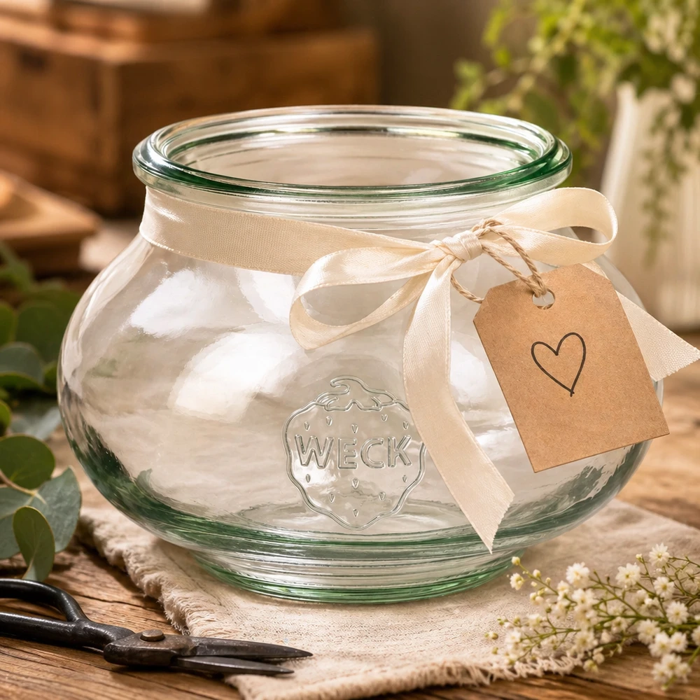 Szklany słoik dekoracyjny WECK RR80 o pojemności 560 ml Dekoracyjny słoik WECK 560ml RR80 ozdobiony kremową wstążką i zawieszką w kształcie serca na drewnianym stole