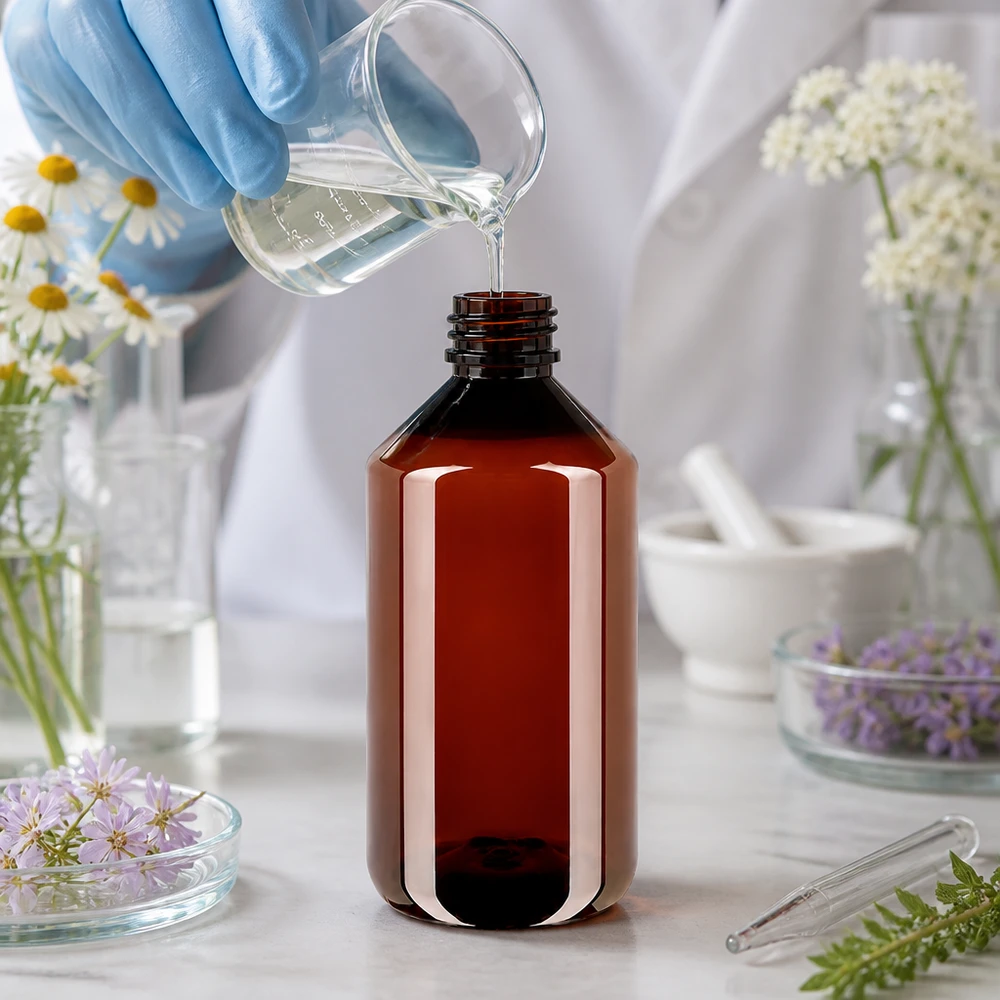 Okrągła brązowa butelka apteczna z PET o pojemności 750 ml jest napełniana przezroczystym płynem