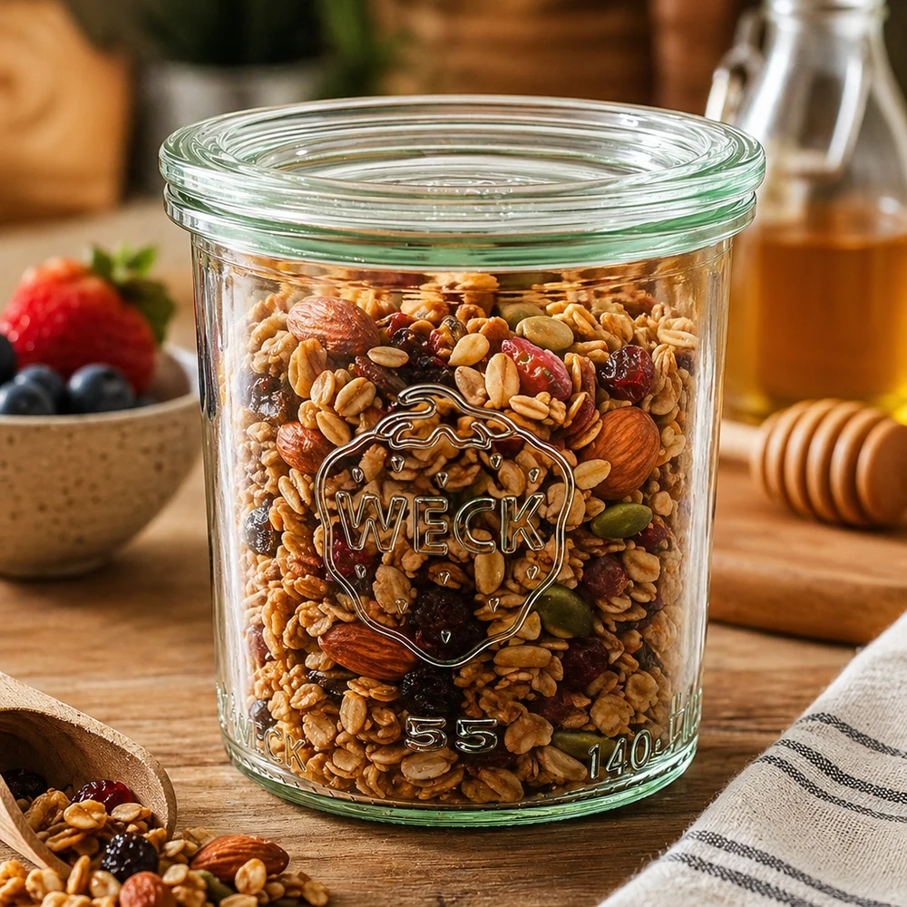 Słoik WECK 140 ml z pokrywką szklaną RR60 | Najwyższa jakość WECK Sturzglas 140ml RR60 befüllt mit Nussmischung und Trockenfrüchten als Vorratsglas in rustikaler Küche