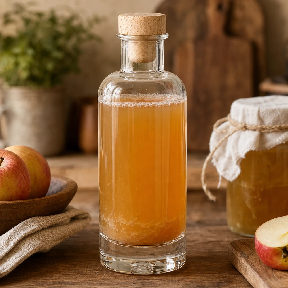 200ml szklana butelka Ella z drewnianym korkiem wypełniona octem jabłkowym obok świeżych jabłek i słoika miodu w rustykalnej kuchni