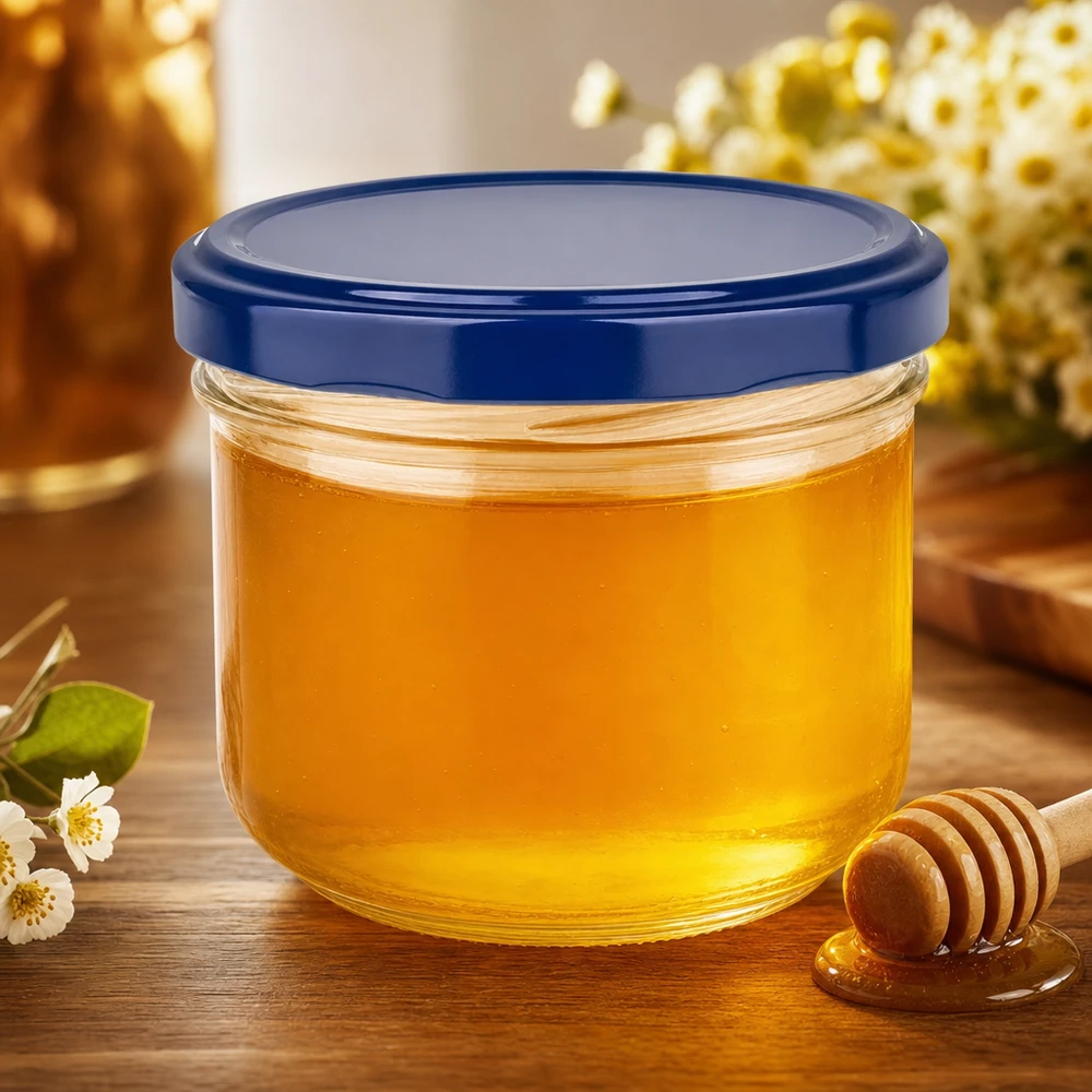 260 ml słoik z pokrywką + pokrywka BasicSeal niebieska UNiTWIST 260 ml słoik z niebieską pokrywką BasicSeal wypełniony miodem - idealny zakręcany słoik na dżemy i pasty do smarowania.