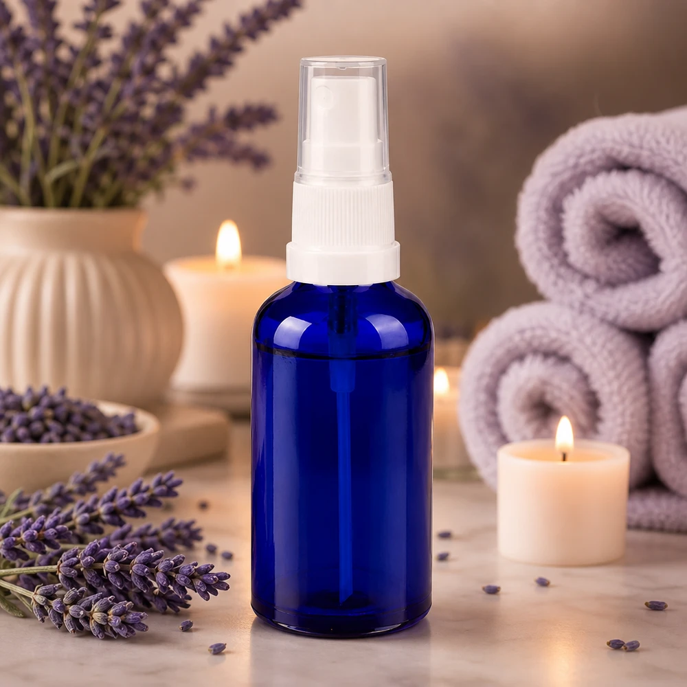 Butelka ze spryskiwaczem 50 ml biała/przezroczysta STD BlueLine UT18/50 Przezroczysta butelka z rozpylaczem 50 ml z białą pompką do aromaterapii i odnowy biologicznej