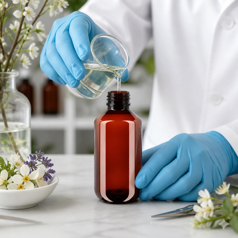 Technik laboratoryjny, mając na rękach rękawiczki ochronne, napełnia brązową butelkę PET o pojemności 100 ml przezroczystym płynem