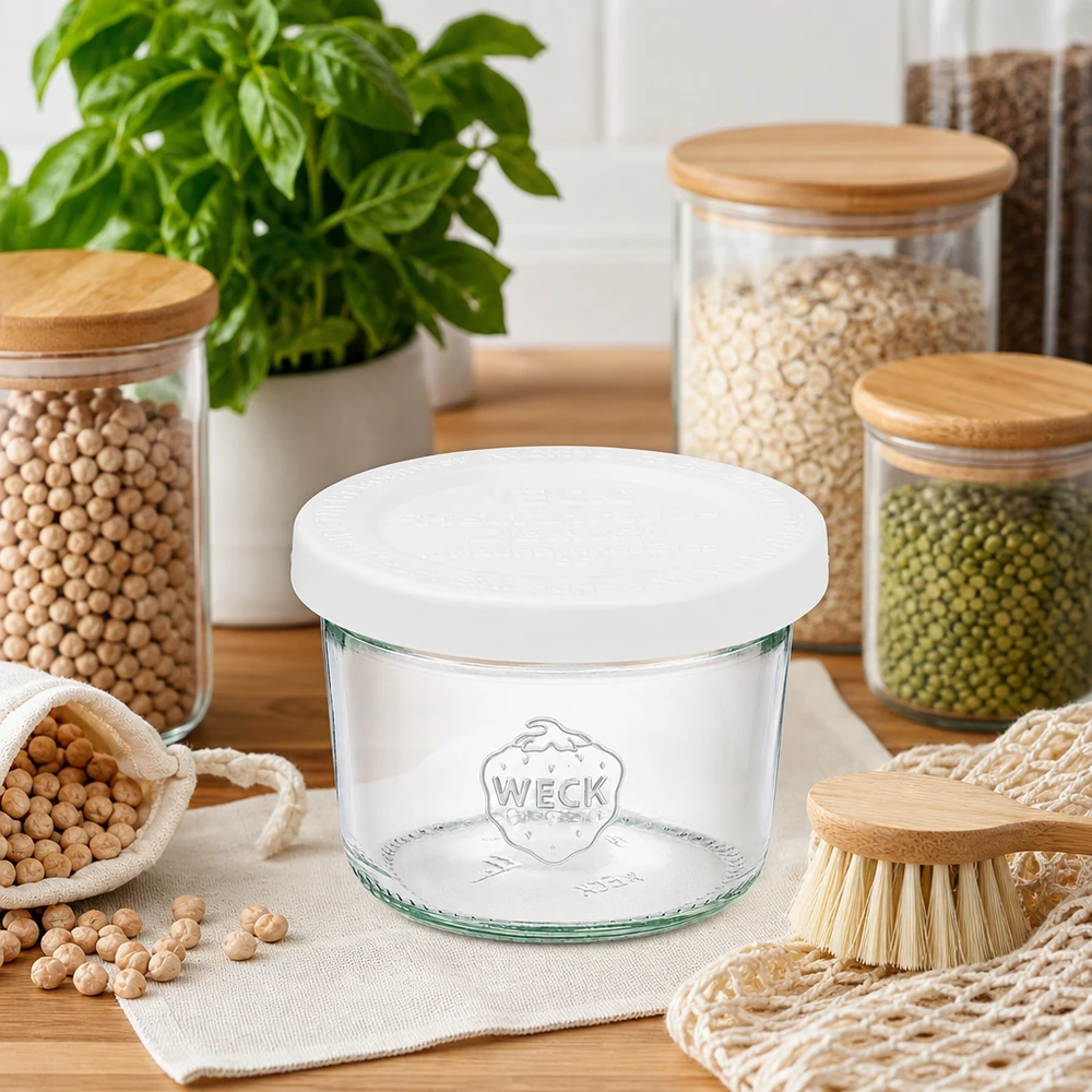 Kubki WECK 80 ml RR60 w zrównoważonej kuchni ze słoikami do przechowywania roślin strączkowych i przyborami kuchennymi zero waste na drewnie