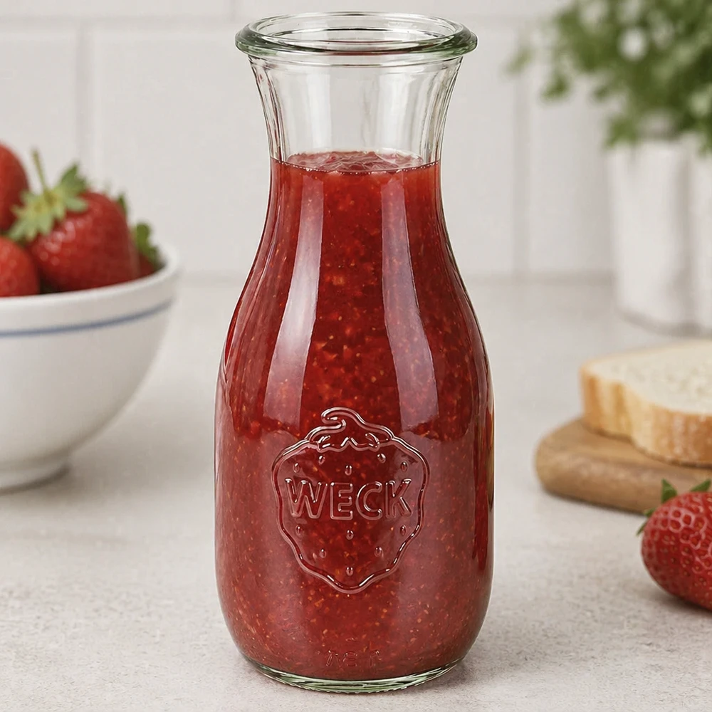 Butelka na sok WECK RR60 o pojemności 530 ml WECK Saftflasche 530ml RR60 mit rotem Erdbeermus gefüllt neben frischen Erdbeeren und Brot in heller Küche