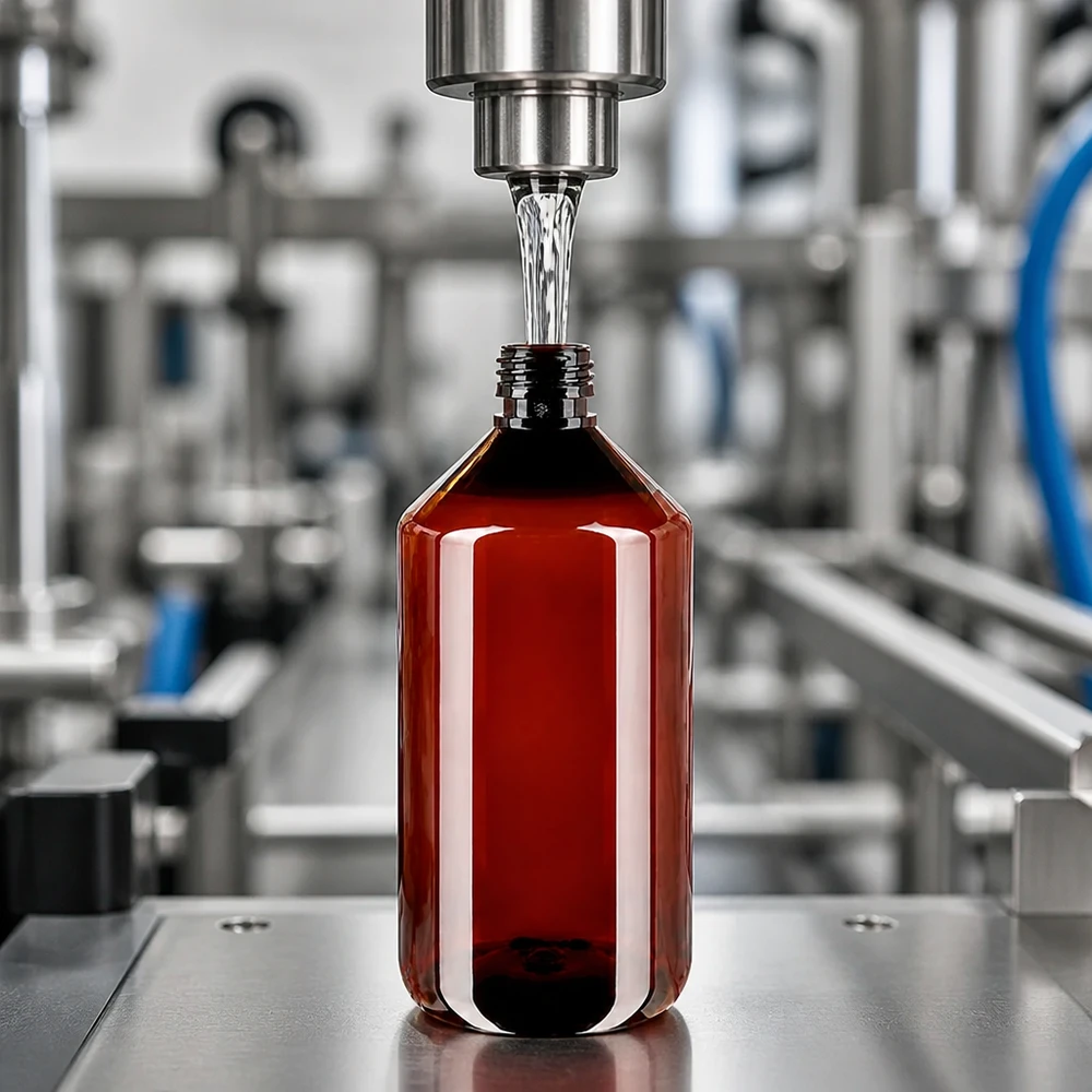 Butelka PET 750ml PP28 bez zakrętki Przemysłowa linia rozlewnicza napełnia brązową butelkę PET o pojemności 750 ml (typ PP28) płynem