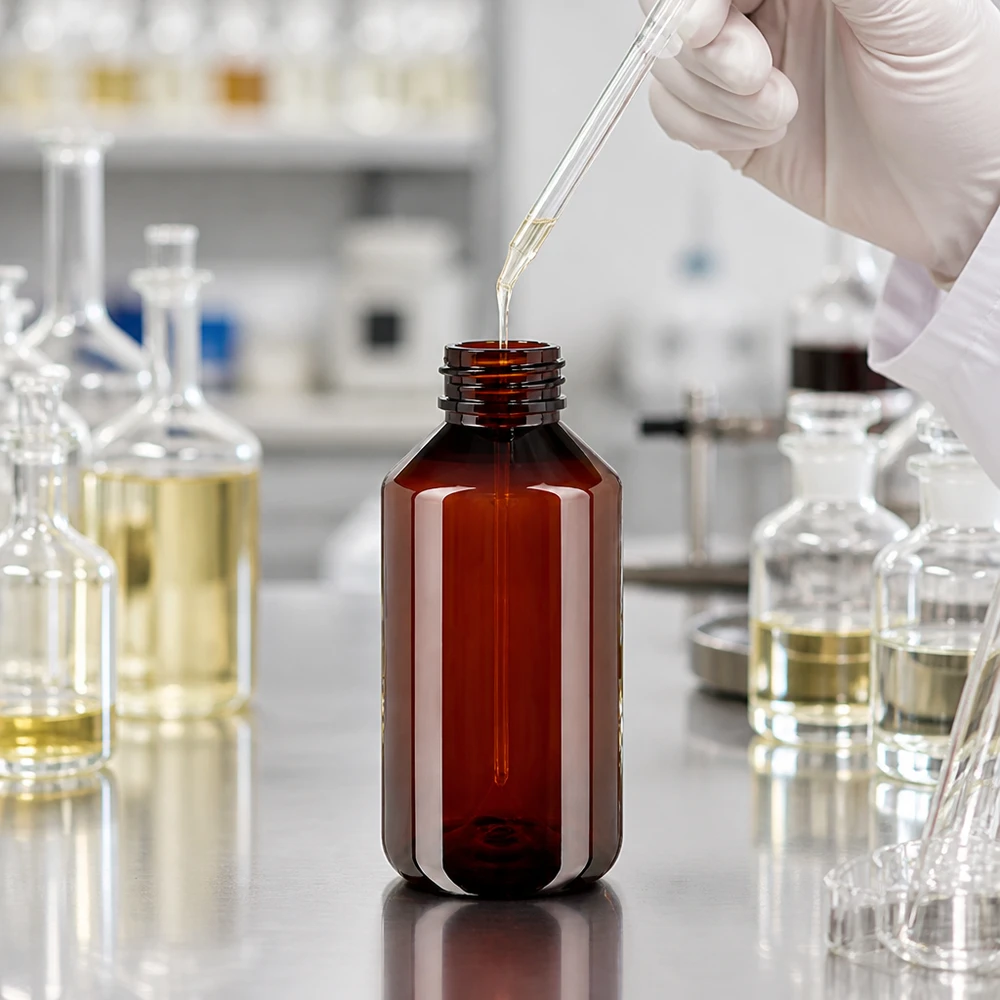 Brązowa butelka z PET o pojemności 750 ml z białym zamknięciem zabezpieczającym, przeznaczona do zastosowań laboratoryjnych