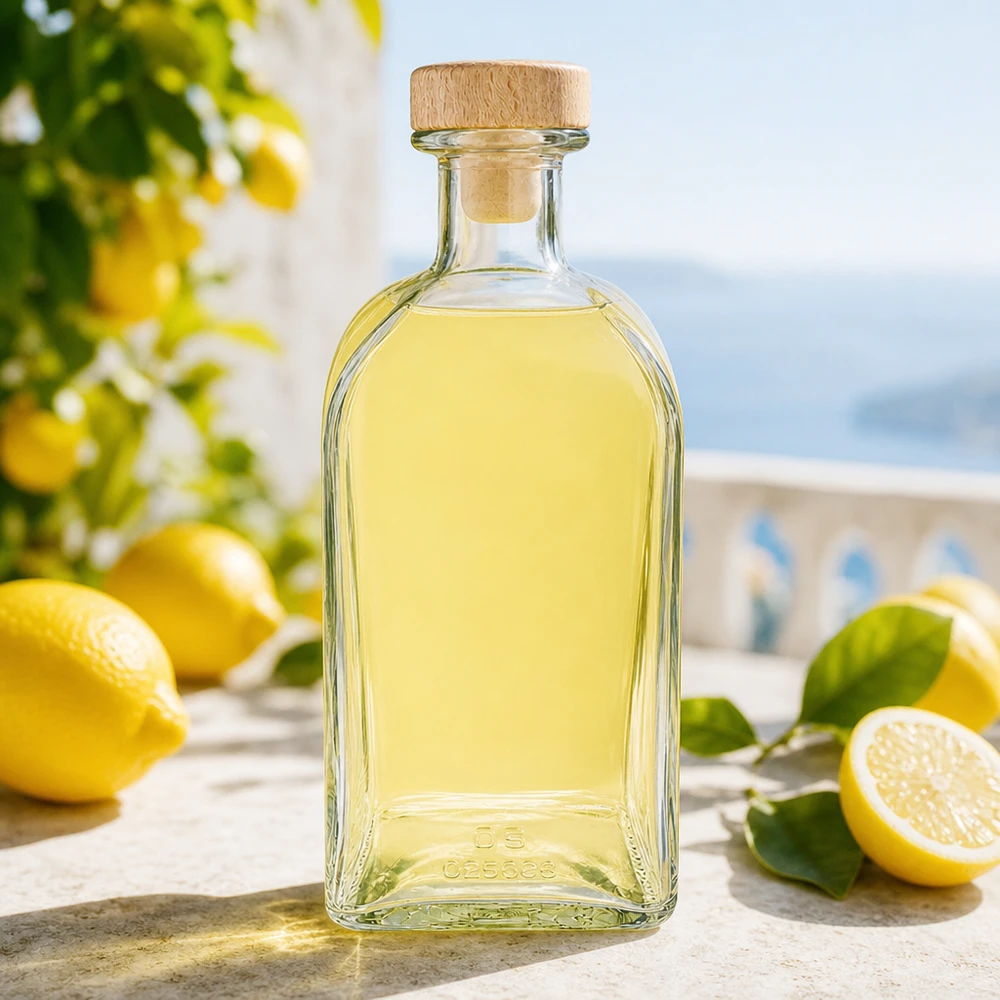 500 ml szklana butelka Julia z drewnianym korkiem wypełniona likierem cytrynowym w śródziemnomorskiej oprawie ze świeżymi cytrynami