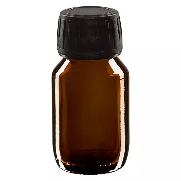 Butelka na lek 50 ml brązowa, zakrętka czarna z pierścieniem ApoGlas umożliwiającym manipulację. Farmaceutyczna jakość produkcji UE. Gwint 28 mm (PP28). (syrop, butelka z lekkiego szkła) Butelka na lek 50 ml brązowa, zakrętka czarna z pierścieniem ApoGlas umożliwiającym manipulację. Farmaceutyczna jakość produkcji UE. Gwint 28 mm (PP28). (syrop, butelka z lekkiego szkła)