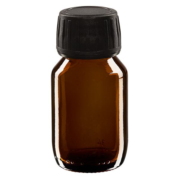 Butelka na lek 50 ml brązowa, zakrętka czarna z pierścieniem ApoGlas umożliwiającym manipulację. Farmaceutyczna jakość produkcji UE. Gwint 28 mm (PP28). (syrop, butelka z lekkiego szkła) Butelka na lek 50 ml brązowa, zakrętka czarna z pierścieniem ApoGlas umożliwiającym manipulację. Farmaceutyczna jakość produkcji UE. Gwint 28 mm (PP28). (syrop, butelka z lekkiego szkła)