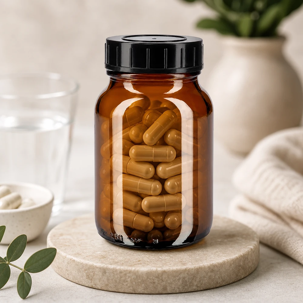 Lekka szklana butelka z szeroką szyjką o pojemności 250 ml w kolorze bursztynowym i szczelnym czarnym korkiem