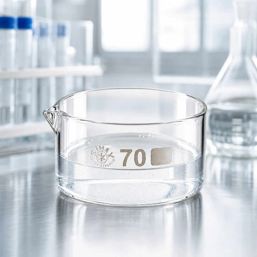 Pusta miska krystalizacyjna o pojemności 100 ml, wykonana ze szkła laboratoryjnego, z krótkim wylewem, na podstawie ze stali nierdzewnej