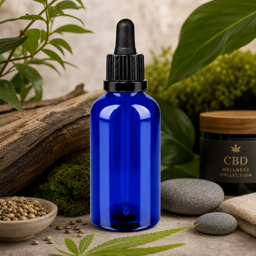 50 ml butelka do leków płynnych czarna OV BlueLine UT18/50 Butelka z pipetą Premium o pojemności 50 ml w eleganckim kolorze kobaltowego błękitu z ergonomicznym czarnym zakraplaczem