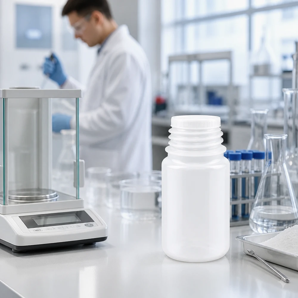 Biała butelka o pojemności 50 ml z szeroką szyjką, wykonana z HDPE, obok kolby Erlenmeyera i probówek w laboratorium