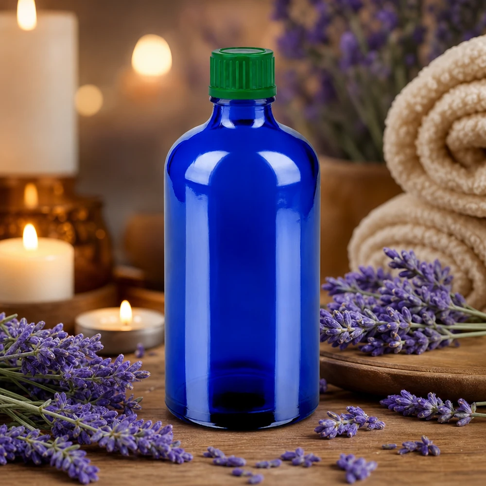 Butelka 100 ml 11 mm SV zielona STD BlueLine UT18/100 100 ml butelka kosmetyczna wykonana z wysokiej jakości szkła w kolorze niebieskim do olejków eterycznych i aromaterapii