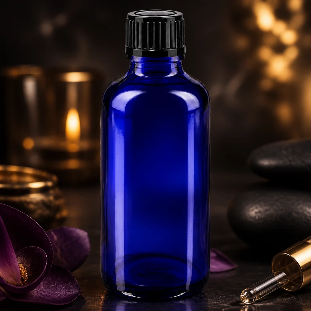 Niebieska szklana butelka o pojemności 50 ml z czarną nakrętką obok kwiatów orchidei i kamieni do masażu