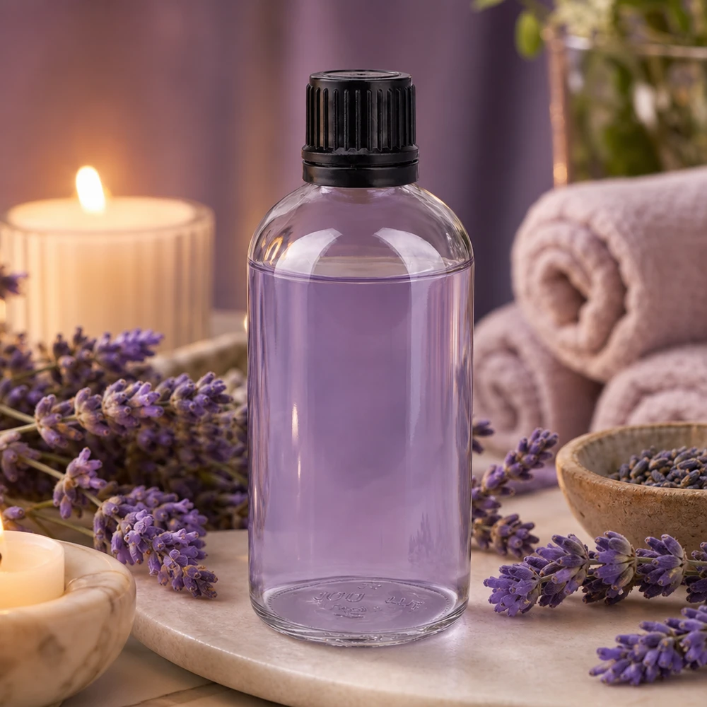 Szklana butelka o pojemności 100 ml wypełniona olejkiem lawendowym, zapakowana w stylowej oprawie spa z świecami i ręcznikami
