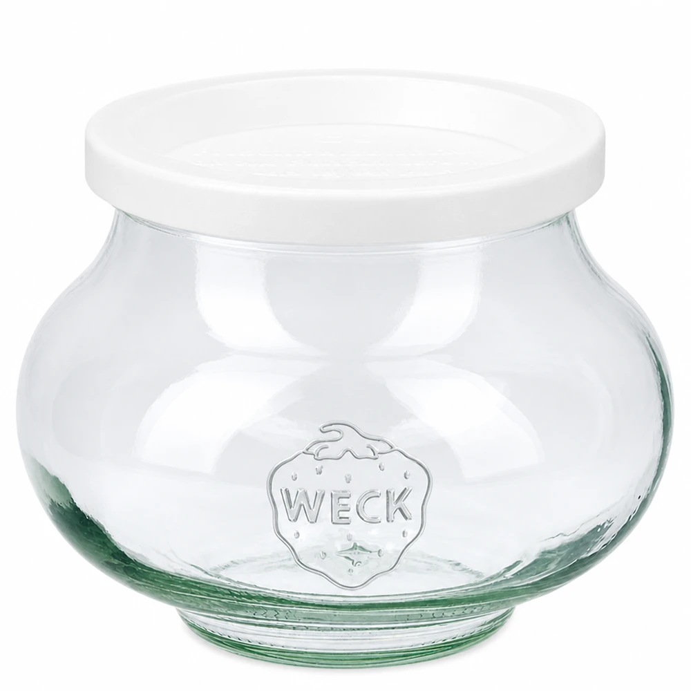 Słoik dekoracyjny WECK 560ml z białą pokrywką RR80 wykonany z przezroczystego szkła z wytłoczonym logo WECK