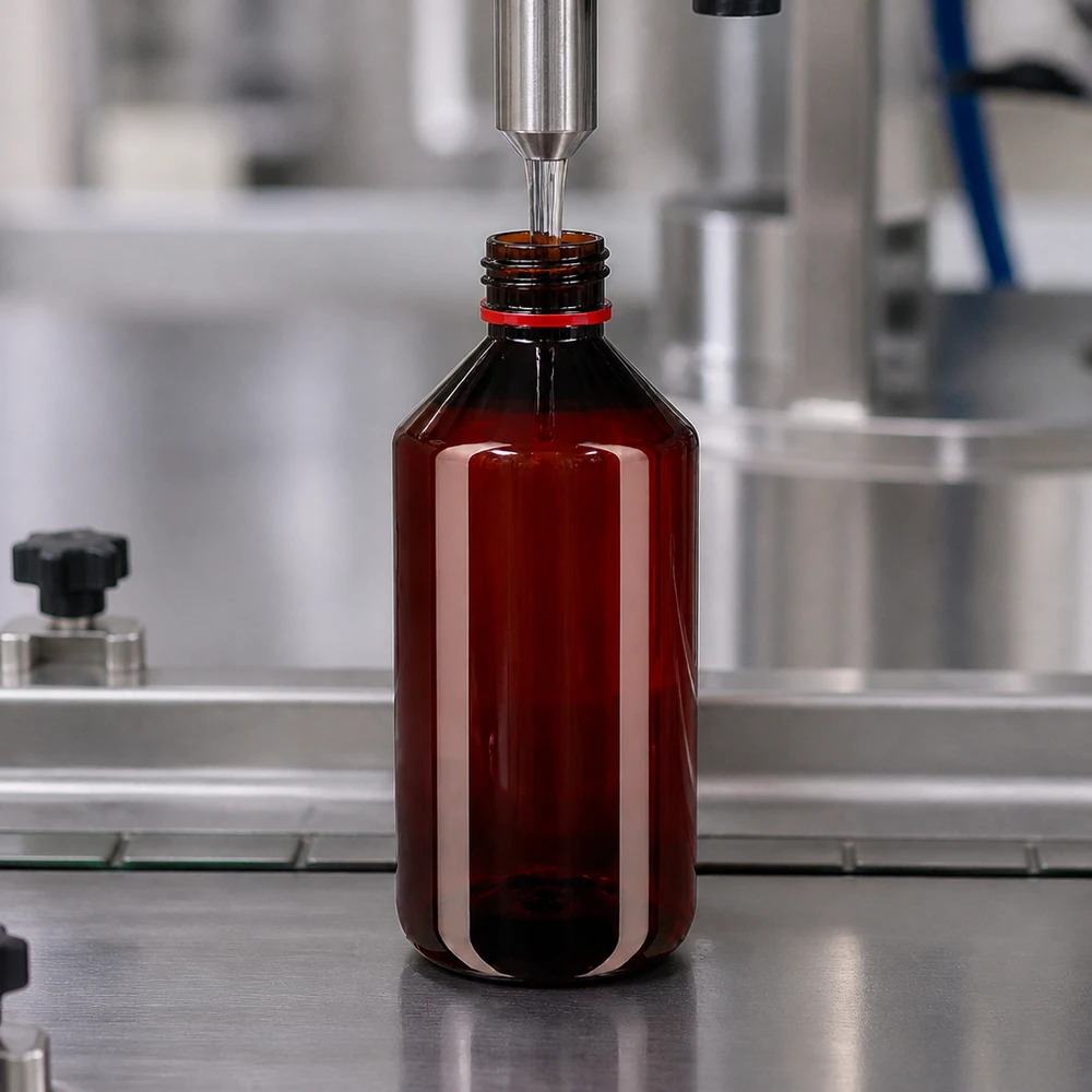 Butelka PET 750 ml z białą/czerwoną nakrętką OV Automatyczne napełnianie brązowej butelki PET o pojemności 750 ml z oryginalnym czerwonym zamknięciem na linii produkcyjnej