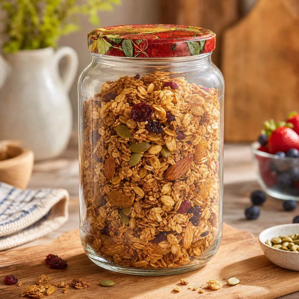 1062 ml okrągły słoik BasicSeal z pokrywką dekor owocowy wypełniony musli granola orzechy suszone owoce słoik do przechowywania śniadania