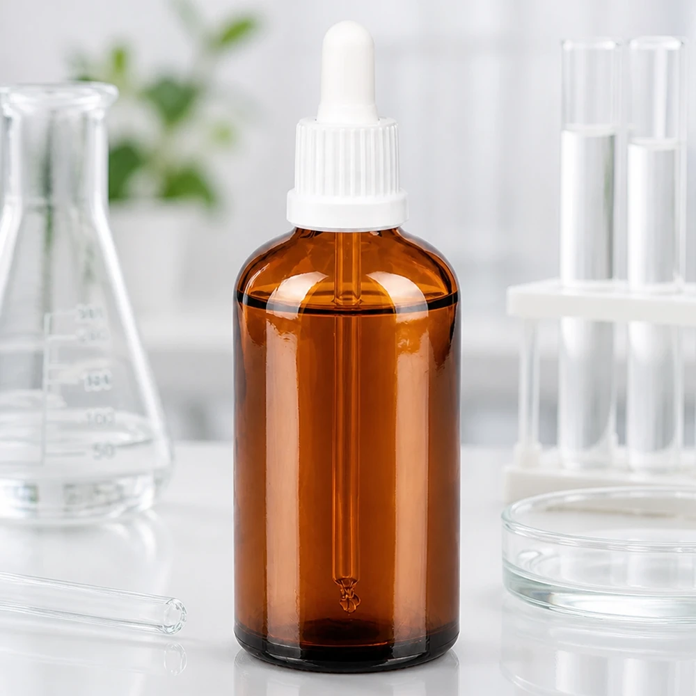 Butelka do leków płynnych 100 ml biała OV BrownLine UT18/100 Butelka laboratoryjna 100 ml wykonana z bursztynowego szkła z precyzyjnym systemem zakraplacza do zastosowań farmaceutycznych