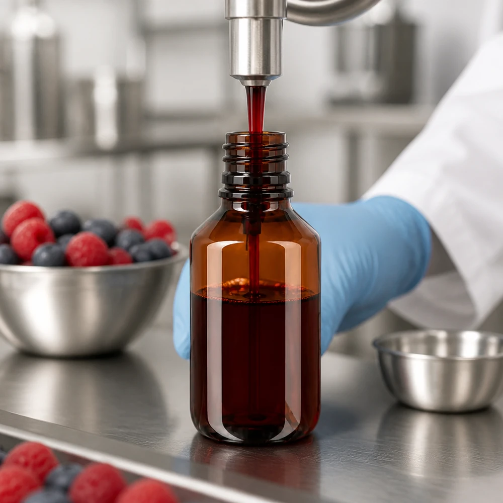 Butelka PET 100 ml z atomizerem czarna Kleine bernsteinfarbene PET Flasche 100ml mit Zerstäuber schwarz neben frischen Beeren im Labor
