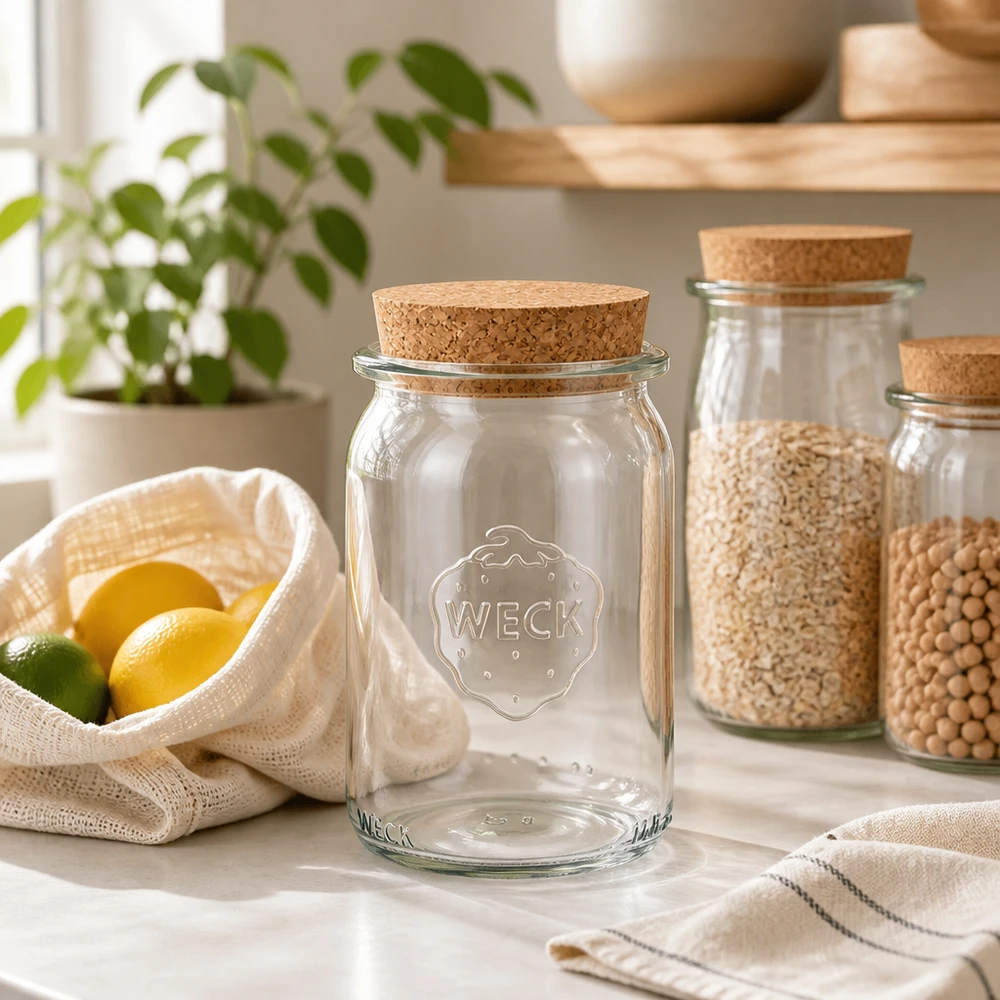 Słoik cylindryczny 145ml WECK RR40 z korkiem naturalny WECK 145ml słoik RR40 pusty z korkową pokrywką w zrównoważonej kuchni zero waste obok roślin strączkowych i owoców cytrusowych