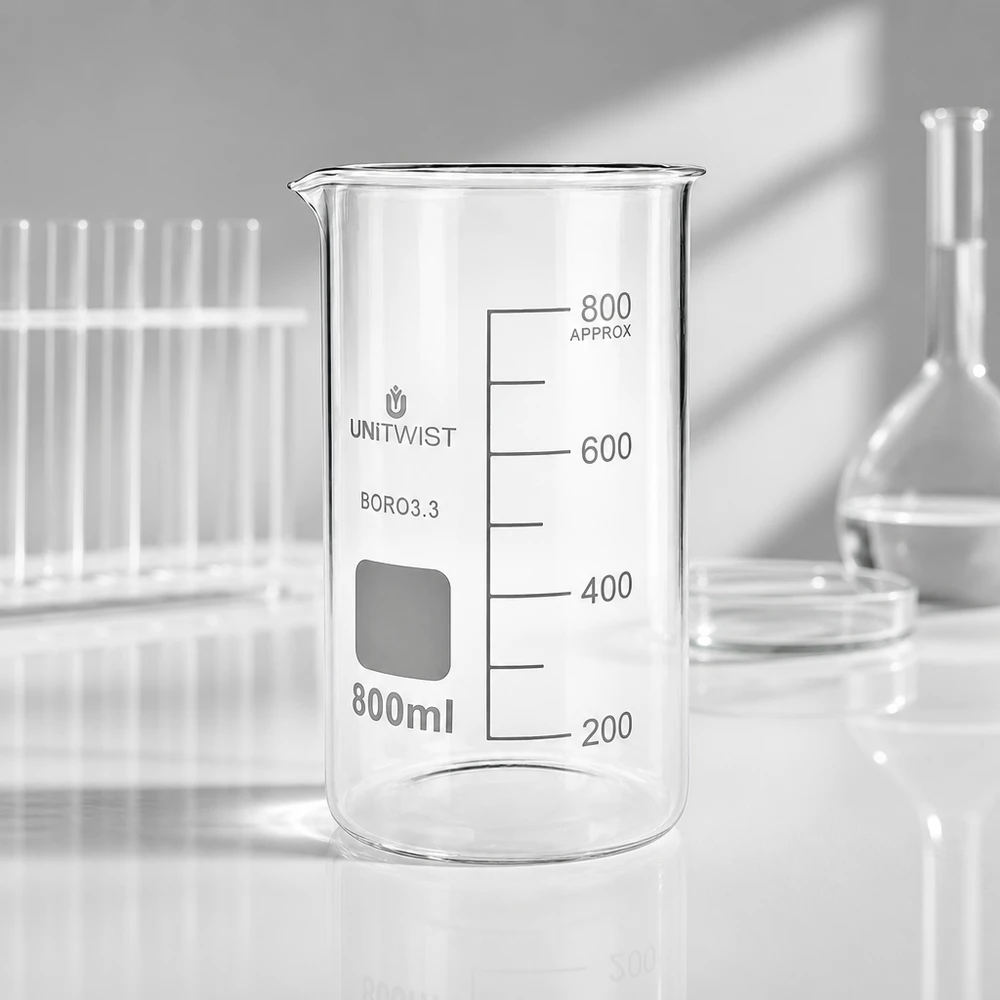 Zlewka 800ml borokrzemianowa, wysoka UNITWIST UNITWIST Szklanka laboratoryjna 800 ml, wysoka, pusta, wykonana ze szkła borokrzemowego, z podziałką na białym tle