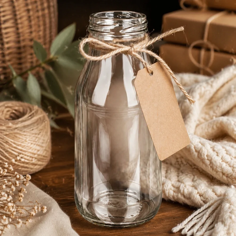 Szklana butelka 263ml TO43 UNiTWIST Bottle263 z jutowym sznurkiem i zawieszką na drewnianym stole z dekoracją
