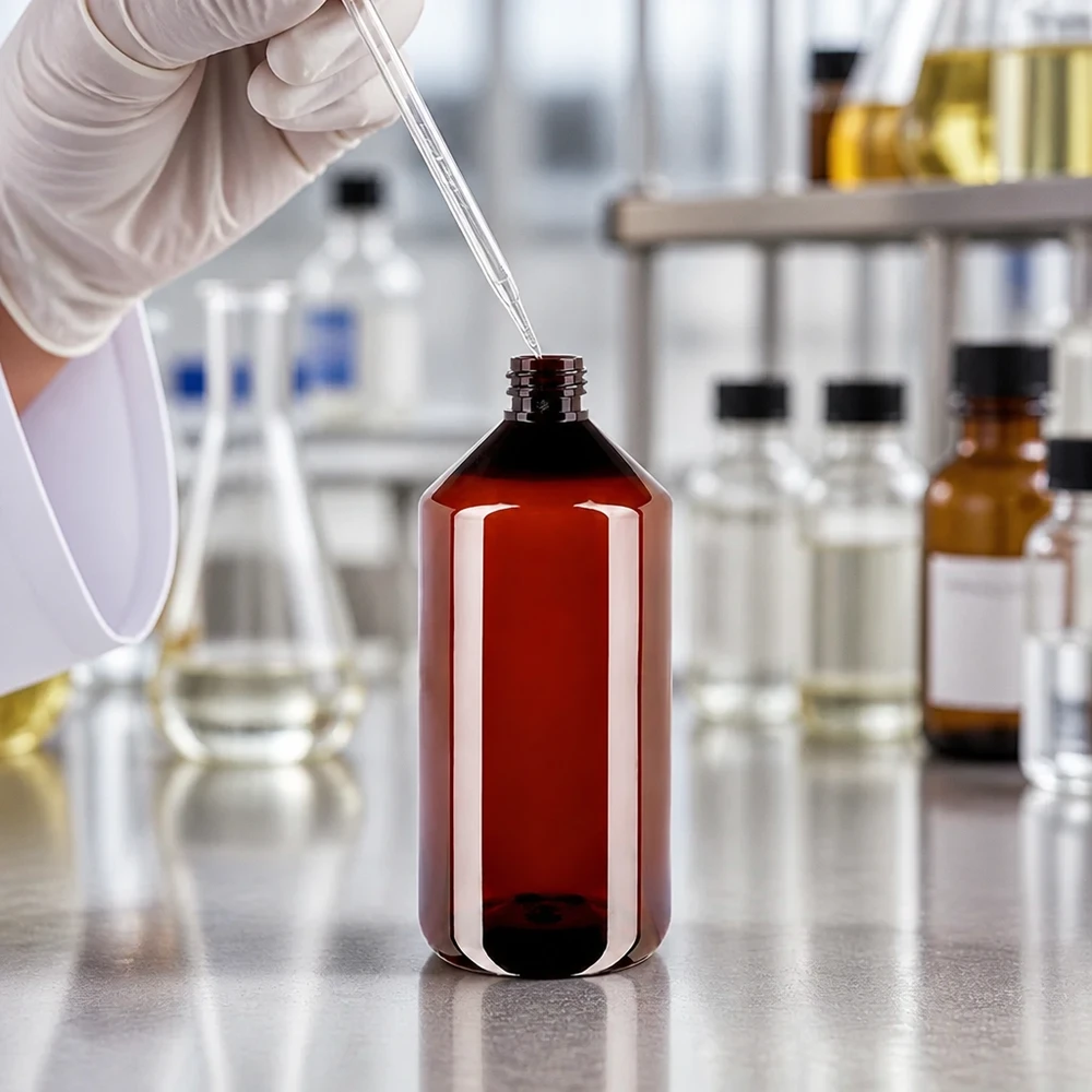 Pharmaflasche PET 1 Liter braun befüllen mit Tropfpipette Laborumgebung