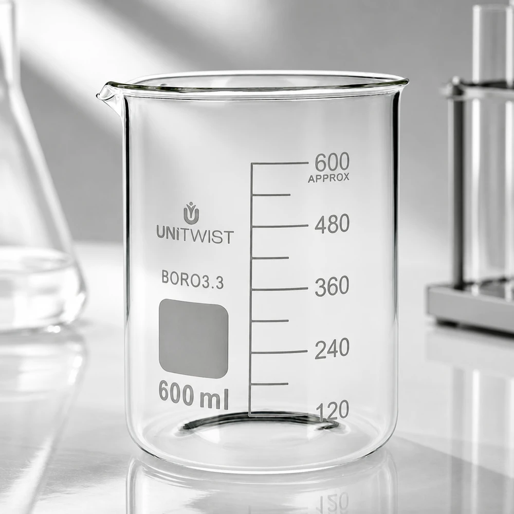 Szklanka UNiTWIST 600 ml, szkło borokrzemowe, przezroczyste, ze skalą pomiarową od 120 do 600 ml, o niskim kształcie