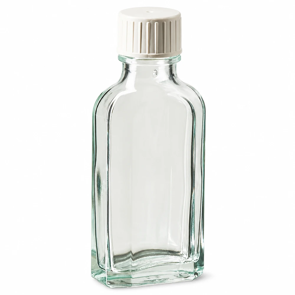 50 ml przezroczysta szklana butelka marki Meplat z białym zakrętkiem i pierścieniem do nalewania