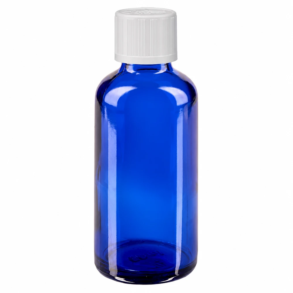 50 ml niebieska szklana buteleczka apteczna z białym zamknięciem zabezpieczającym przed dziećmi i wkładem kroplomierzem o średnicy 1,2 mm