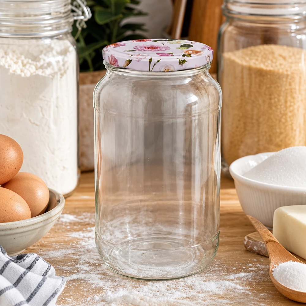 Pusty okrągły słoik 1062ml różowa pokrywka w kwiatki BasicSeal Kitchen ambience z jajkami Mąka Akcesoria do pieczenia Przechowywanie