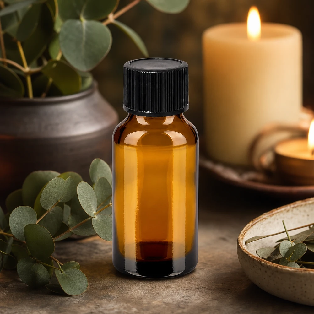 Butelka aptekarska z bursztynowego szkła o pojemności 20 ml ze standardową czarną zakrętką do aromaterapii