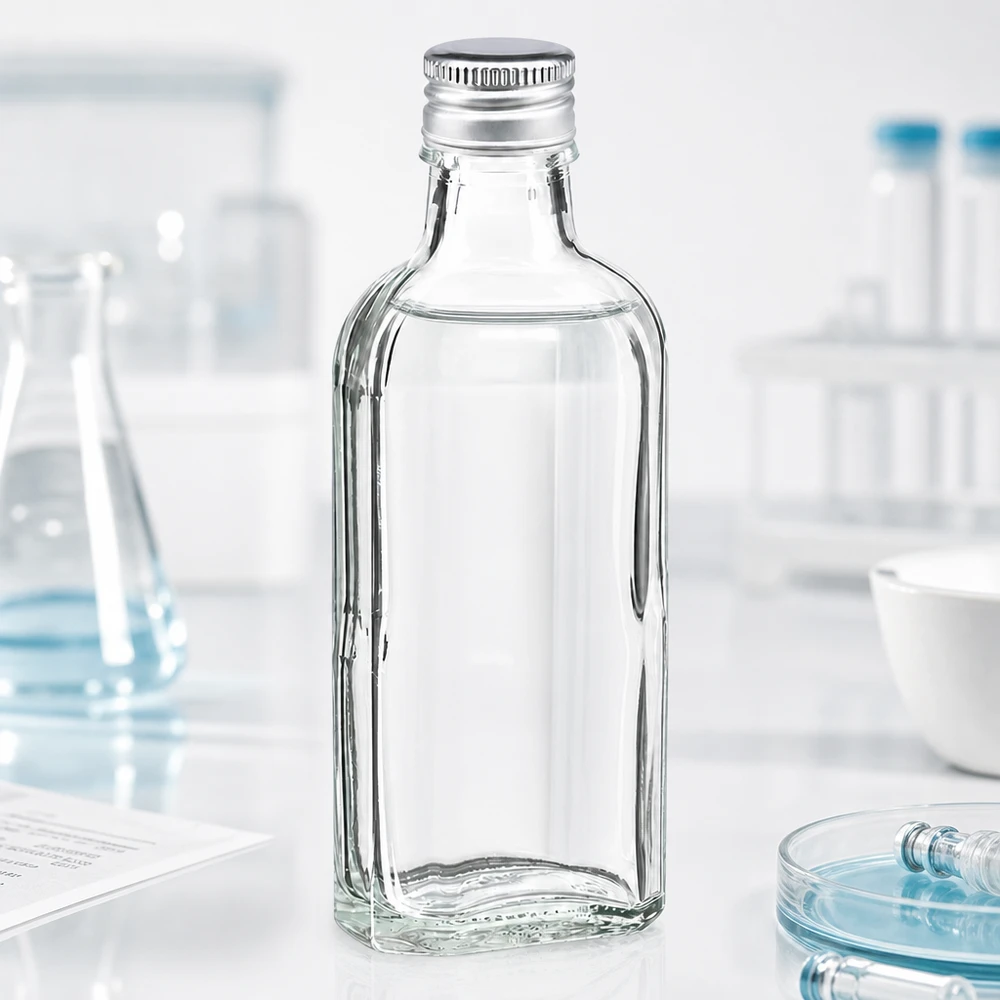 Prostokątna, przezroczysta szklana butelka Meplat o pojemności 100 ml z aluminiową zakrętką w kolorze srebrnym PP22, przeznaczona do zastosowań laboratoryjnych