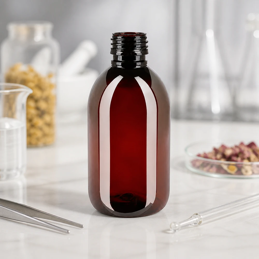 Butelka PET 250ml PP28 bez zakrętki Przezroczysta okrągła butelka z PET o pojemności 250 ml w kolorze bursztynowym, bez nakrętki, na białej powierzchni imitującej marmur